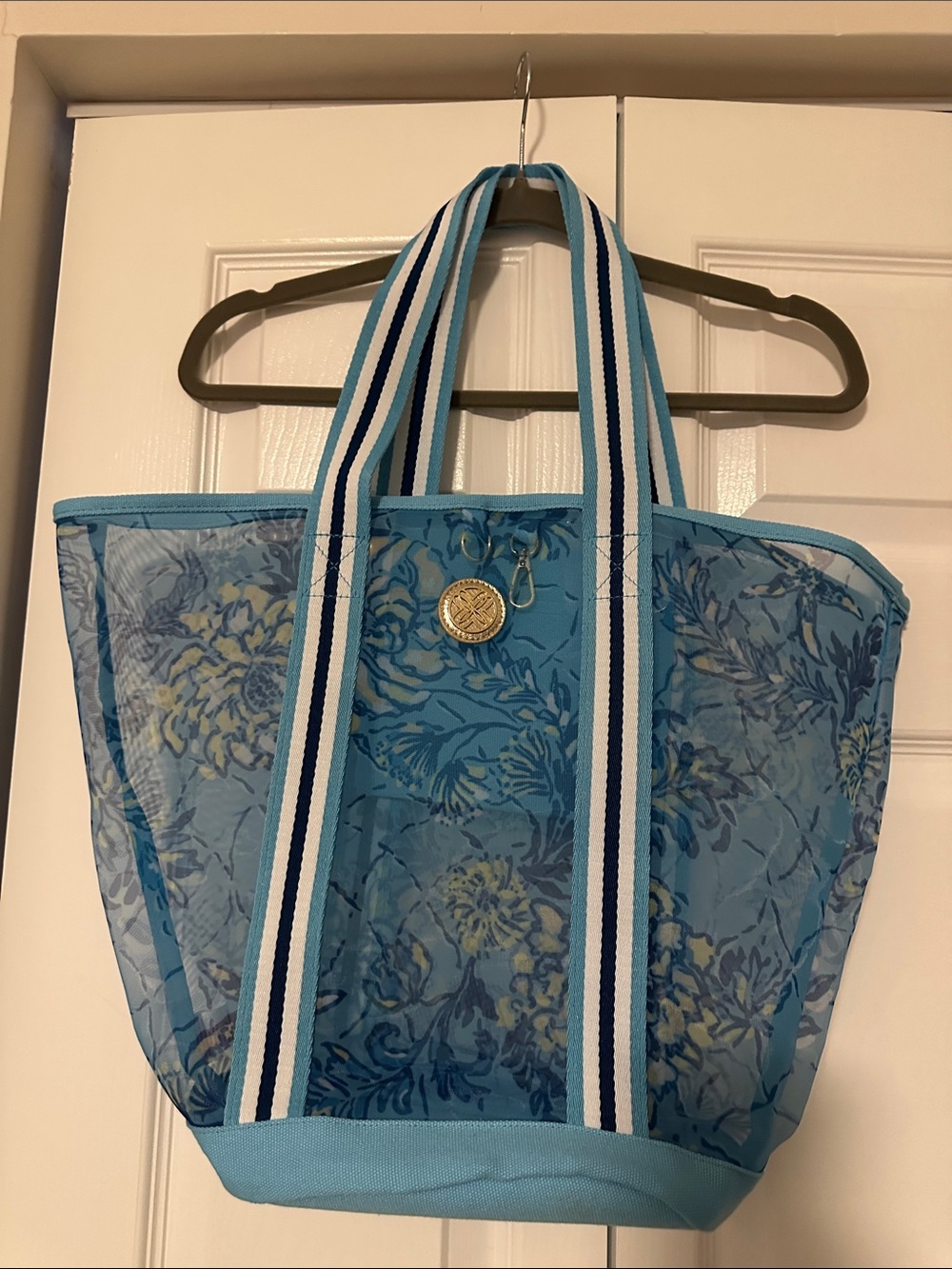 Lilly Pulitzer Blue Floral Mesh Tote with Striped Handles